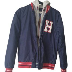 Tommy Hilfiger navy blue bomber jacket with built in grey hood XS unisex